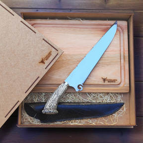 Kit Presente Pampa Bianco – Faca artesanal P/Churrasco + Tabua  churrasco + Caixa P/Presente + Case em Couro